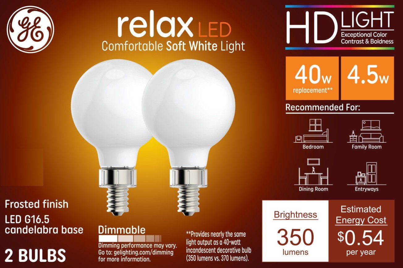 GE Relax HD LED Soft White Globe Candelabra Base Light Bulbs
